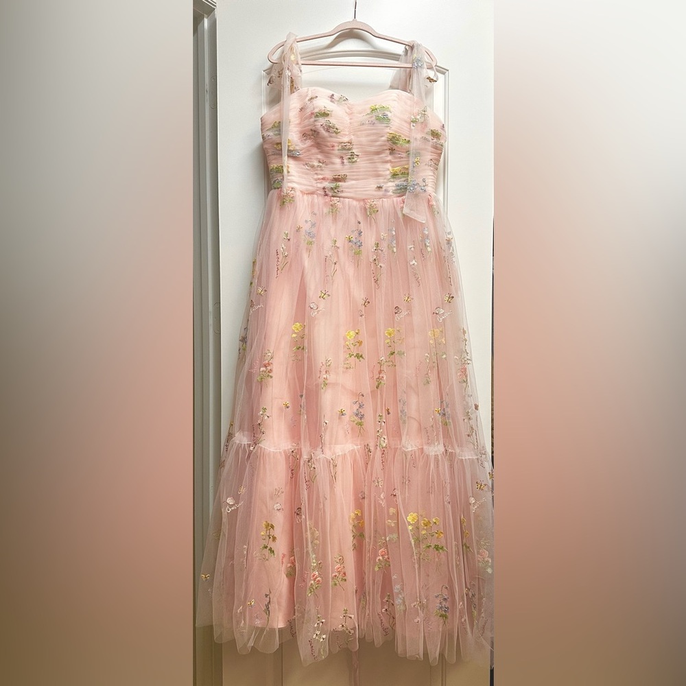 Floral Embroidered Pink Tulle Dress with bow tie straps.